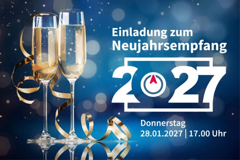 Einladung zum Neujahrsempfang 2027 am Donnerstag, 28. Januar 2027, um 17 Uhr mit zwei Sektgläsern und goldenen Luftschlangen.