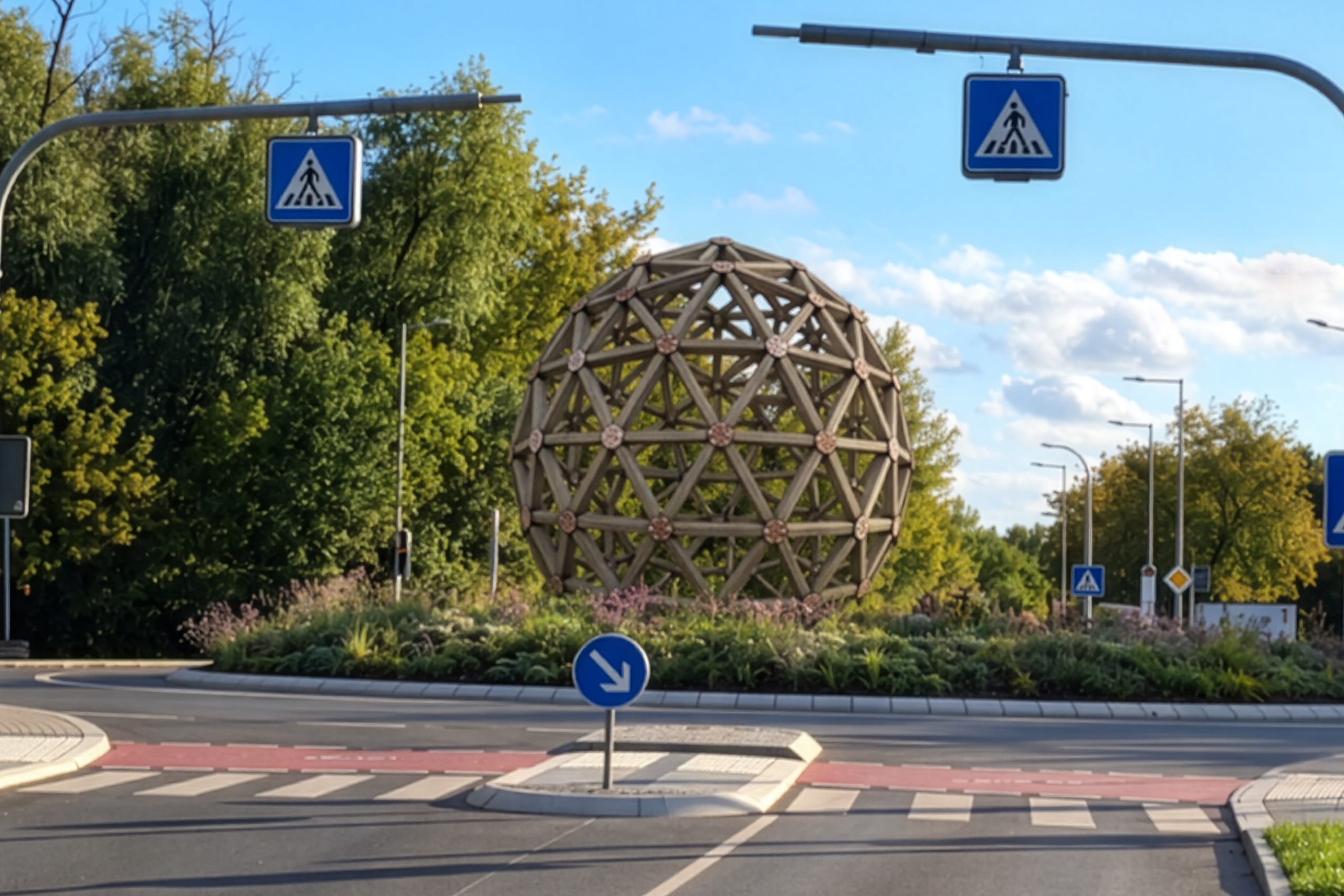 Restaurierte IMAGINATA-Holzkugel aus Eichenholz auf dem begrünten Kreisverkehr in Jena-Nord mit Fußgängerüberweg im Vordergrund.